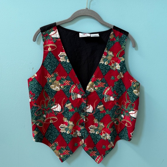 Festive Christmas Vest Red and Green Women's button down. SZM. Bells and Holly. - Picture 1 of 15